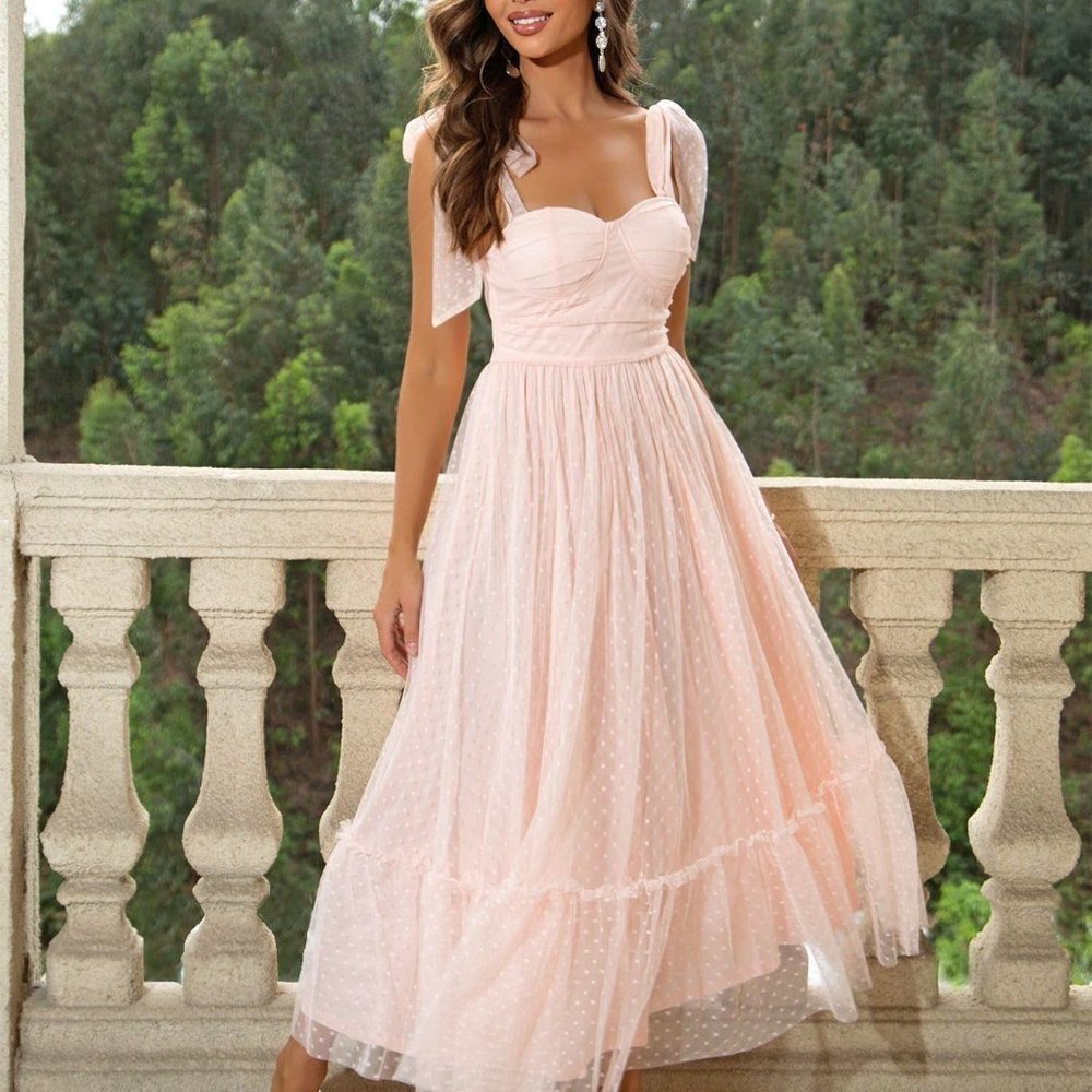 Baby Pink Casual Womens Tie Shoulder Ruched Bust Ruffle Hem Mesh Overlay Cami… - Picture 4 of 5